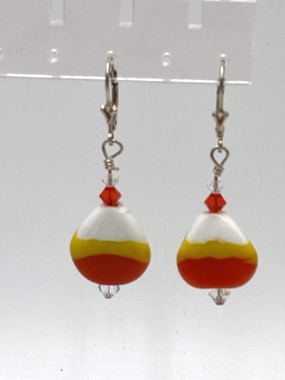 925 Earrings Candy Corn Art Glass Beads Sterling Silver Hooks Halloween Fall